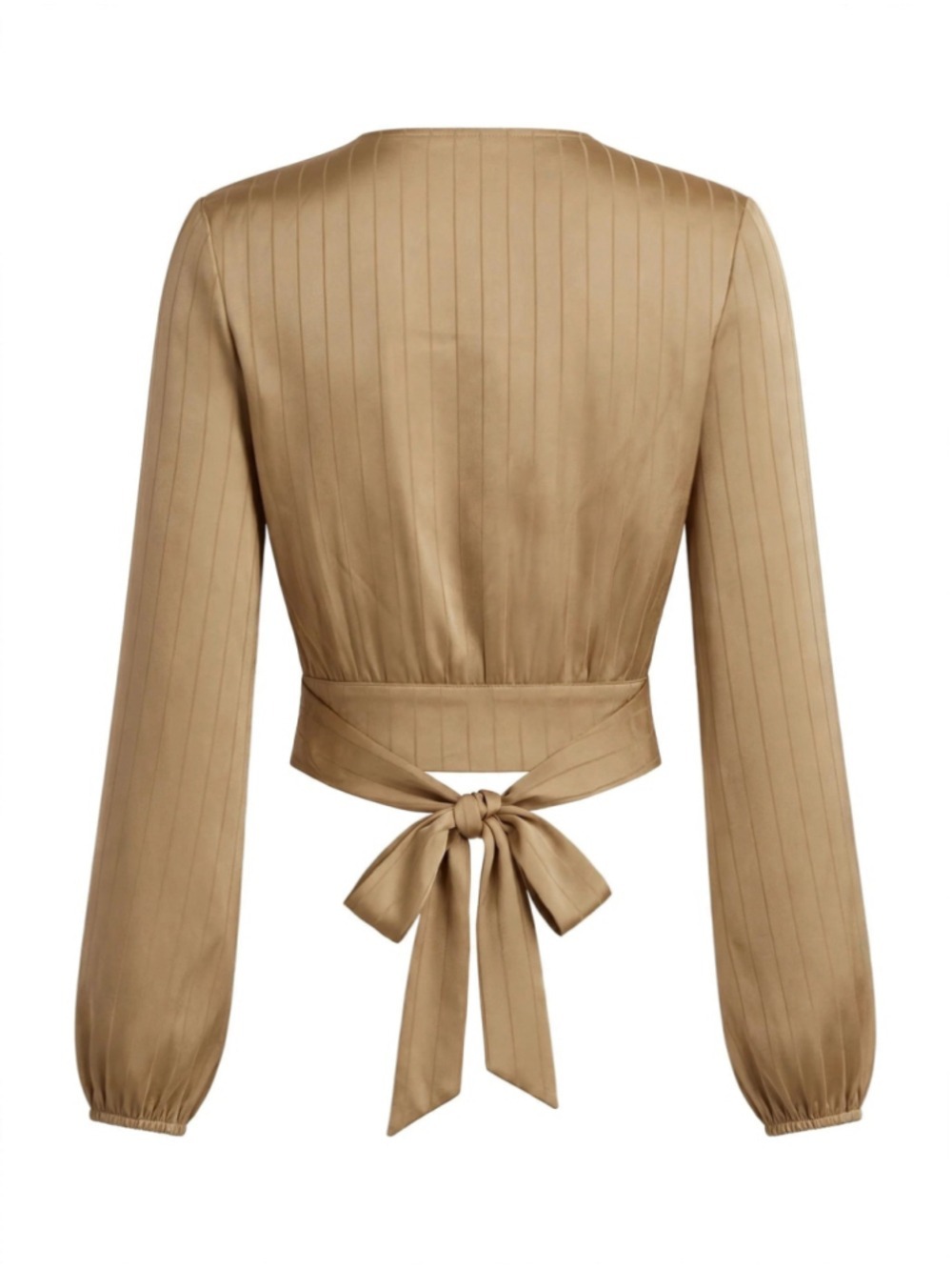 AIBLEE Satin Pinstripe Wrap Crop Top - Camel Tie-Back Blouse - Picture 2 of 2
